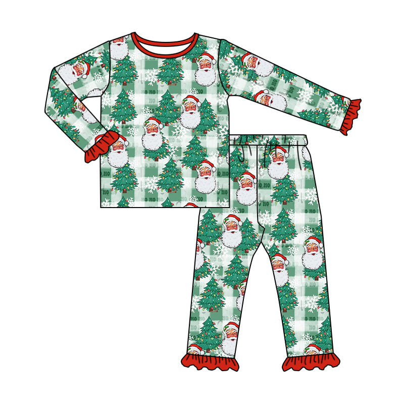 MOQ 5 green plaid santa Christmas tree kids girls pajamas