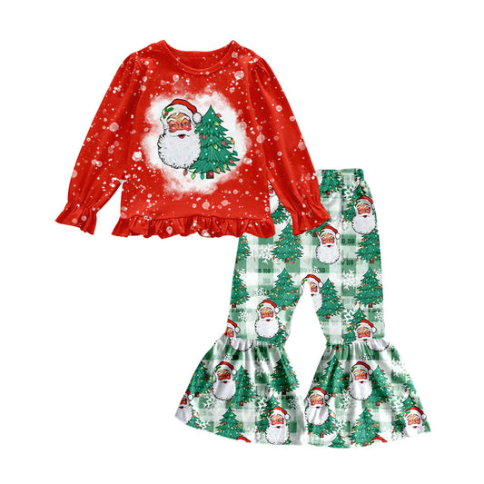 MOQ 5 green plaid santa Christmas tree kids girls clothing set