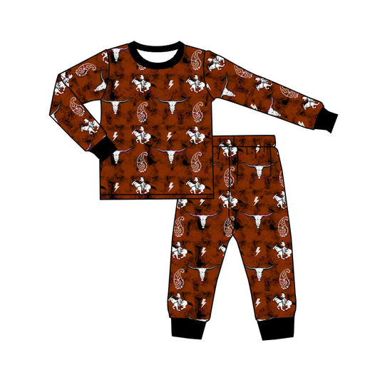 MOQ 5 brown bull skull rodeo kids boy pajamas