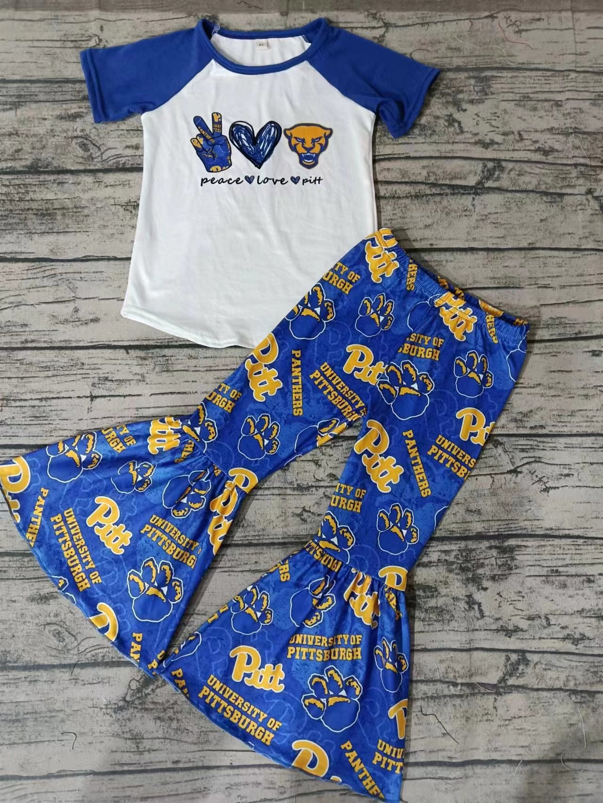 MOQ 3 pcs peace love pathers blue girls team outfits