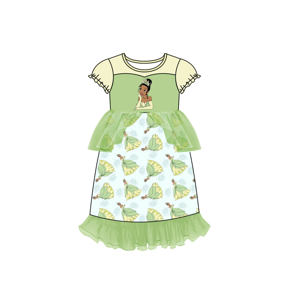 MOQ 5 yellow green short sleeves princess girls tulle dress