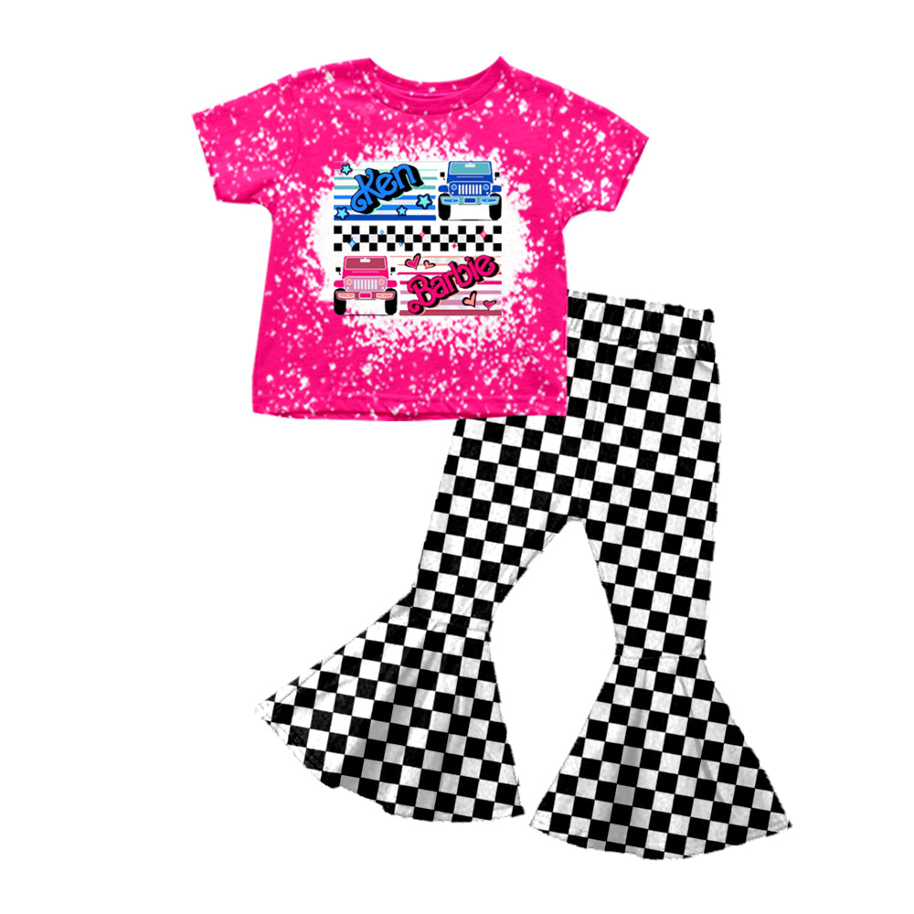 MOQ 5 pink blue cars top plaid pants party girls clothes