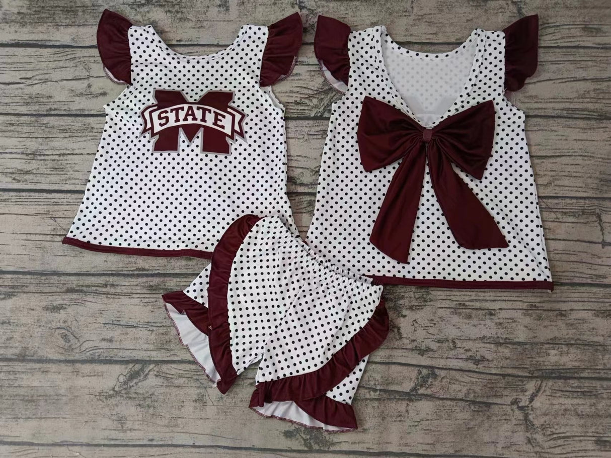 MOQ 5 M maroon polka dots bow backless girls team outfits