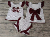 MOQ 5 M maroon polka dots bow backless girls team outfits
