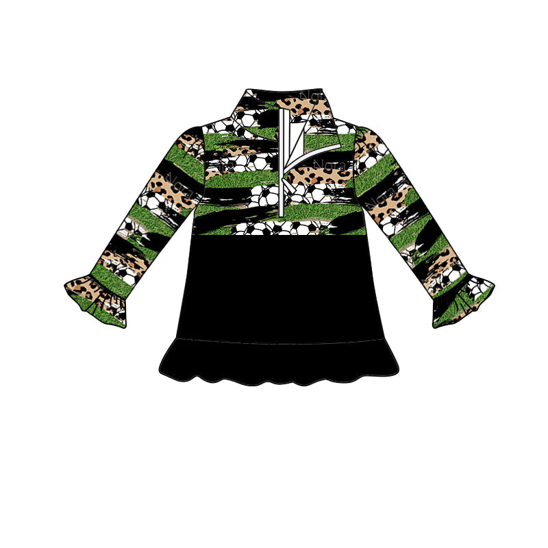 MOQ 5 football leopard green ruffle girls zipper pullover