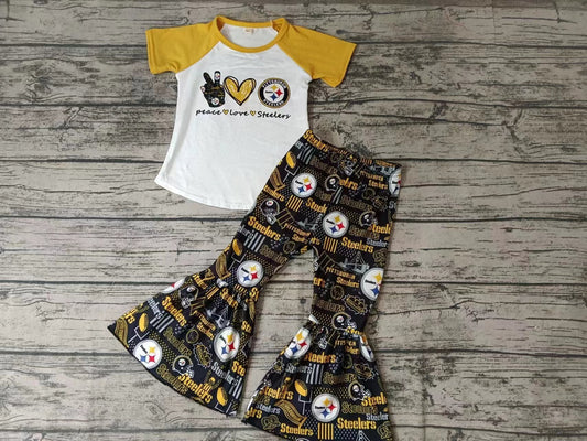 MOQ 3 pcs peace love yellow raglan pants girls team outfits