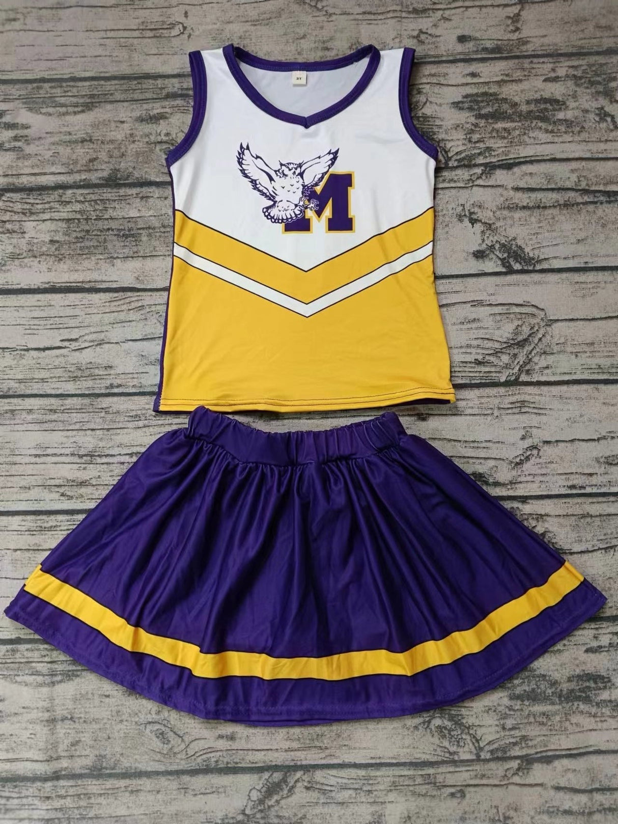 MOQ 3 pcs M yellow purple top skirt girls cheer clothes