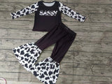 MOQ 3 pcs black cow sassy long sleeves girls clothing
