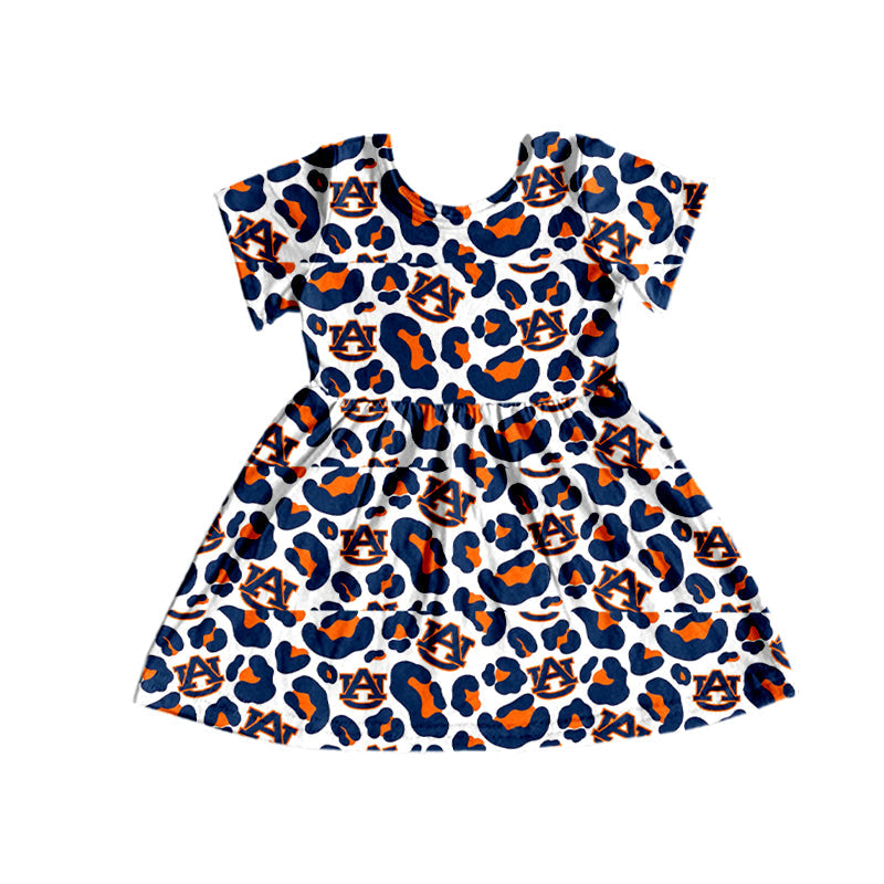 MOQ 5 PCS navy orange leopard short sleeves girls team dress