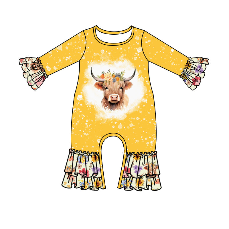 MOQ 5 PCS yellow highland cow floral baby girls romper