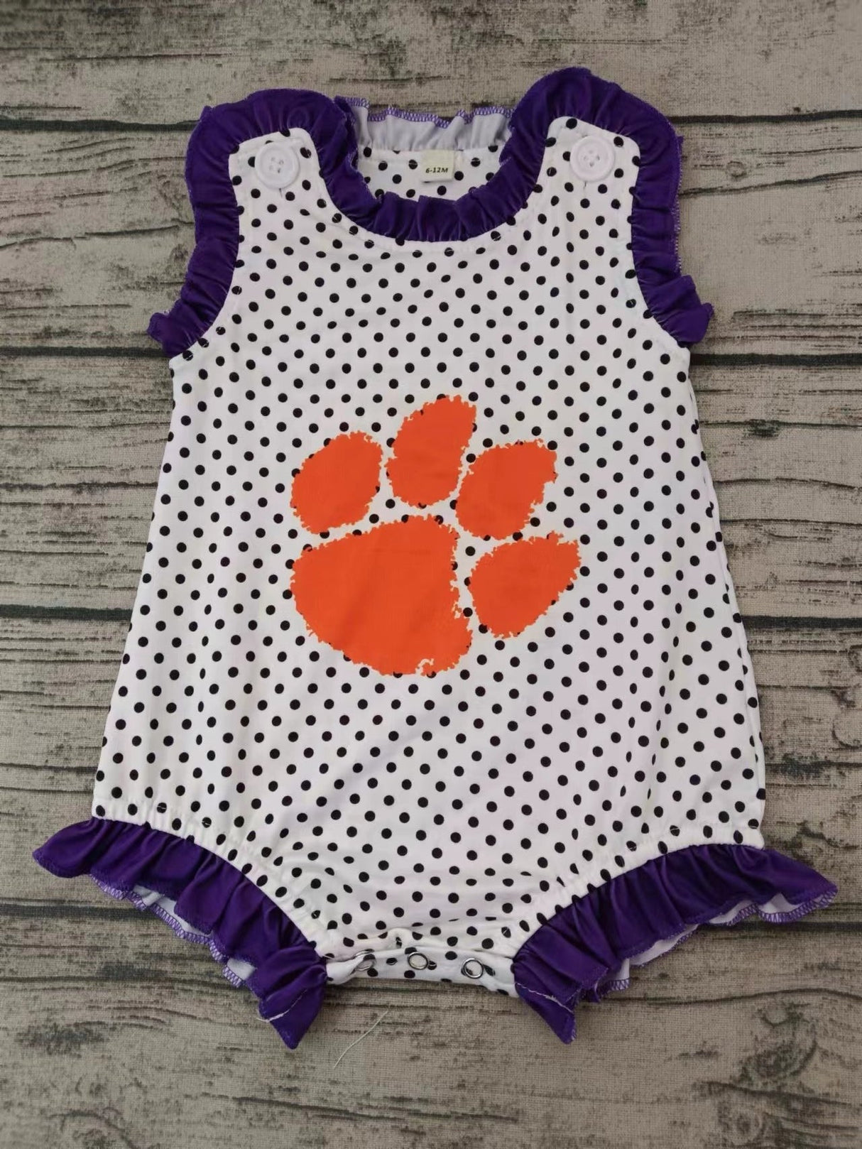 MOQ 3 pcs ruffle sleeveless orange purple polka dots baby team romper
