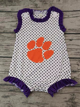 MOQ 3 pcs ruffle sleeveless orange purple polka dots baby team romper