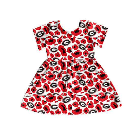 MOQ 5 PCS G red leopard short sleeves girls team dress