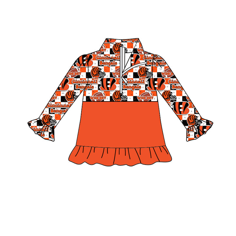 MOQ 5 B orange ruffle girls team zipper pullover