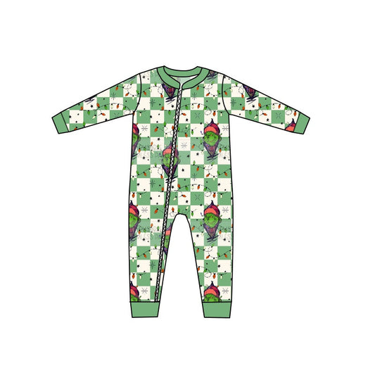 MOQ 5 PCS plaid green face baby girls Christmas zipper romper