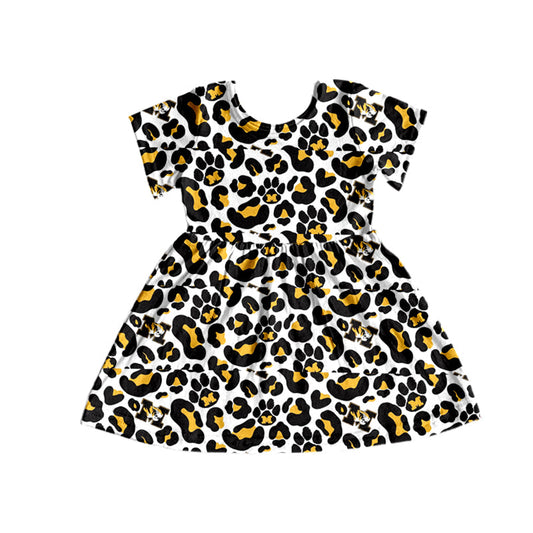 MOQ 5 PCS M yellow black leopard short sleeves girls team dress