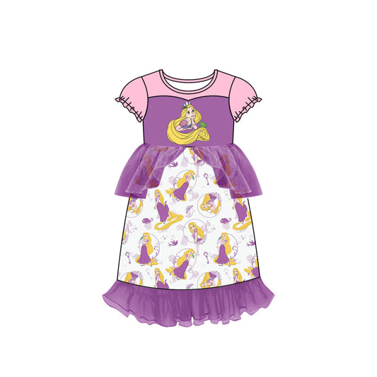 MOQ 5 pink purple short sleeves princess girls tulle dress