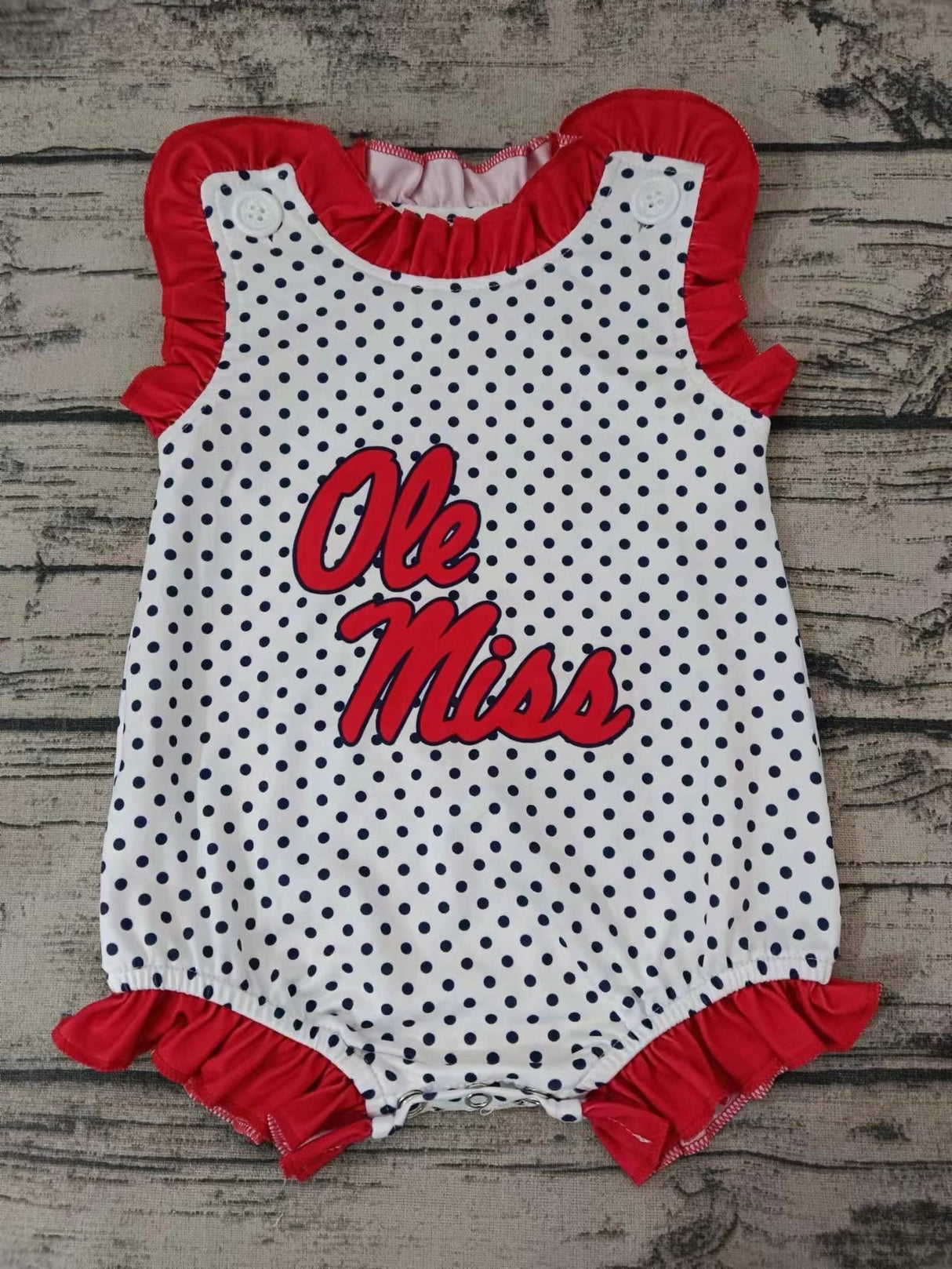 MOQ 3 pcs O red ruffle sleeveless polka dots baby team romper