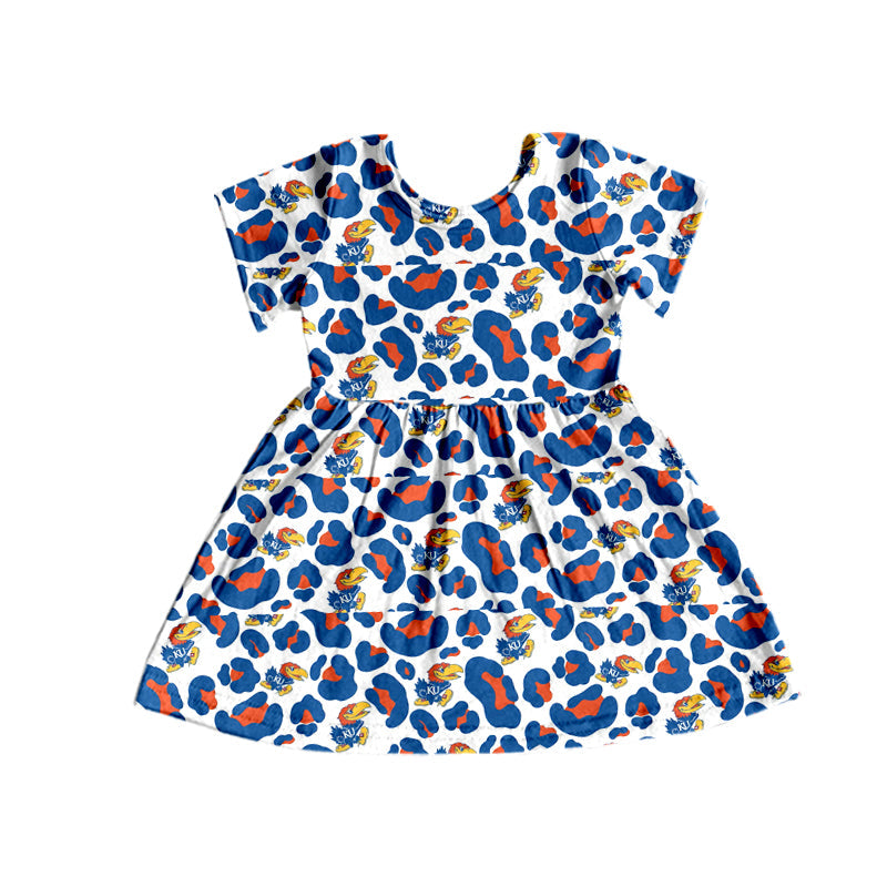 MOQ 5 PCS blue orange leopard short sleeves girls team dress