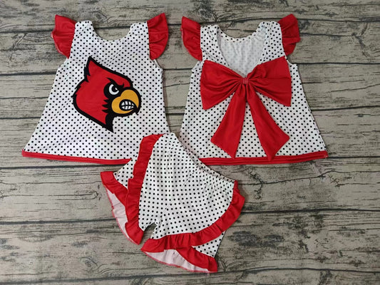 MOQ 3 pcs bird polka dots red bow backless girls team outfits