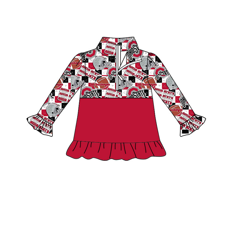 MOQ 5 O red ruffle girls team zipper pullover