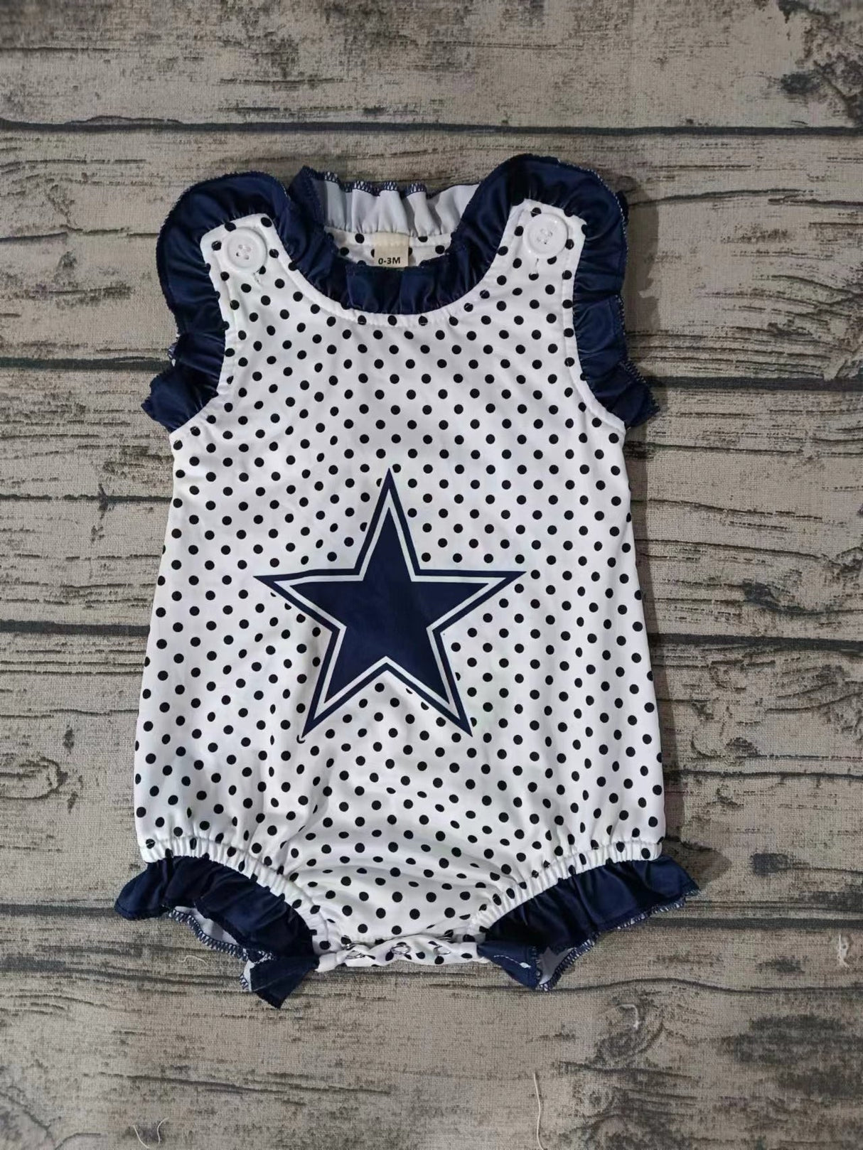 MOQ 3 pcs star navy ruffle sleeveless polka dots baby team romper