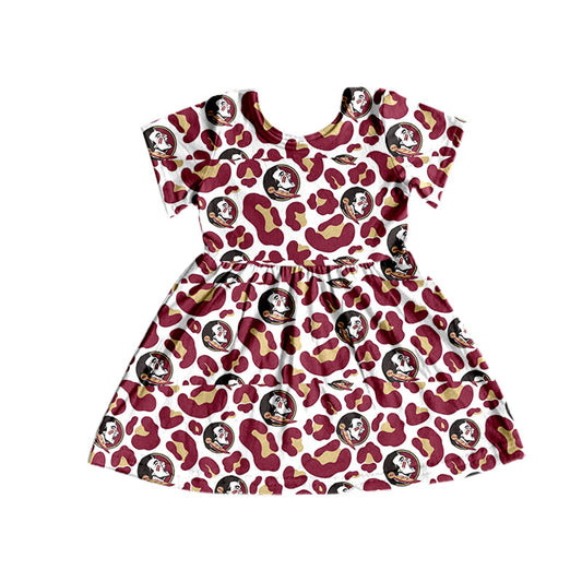 MOQ 5 PCS feather Maroon leopard short sleeves girls team dress