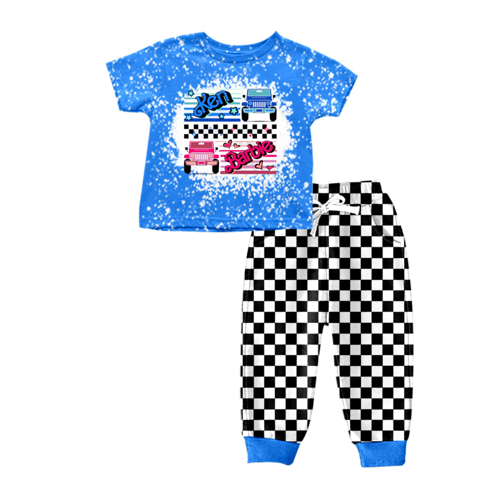 MOQ 5 blue cars plaid pants kids boy outifts