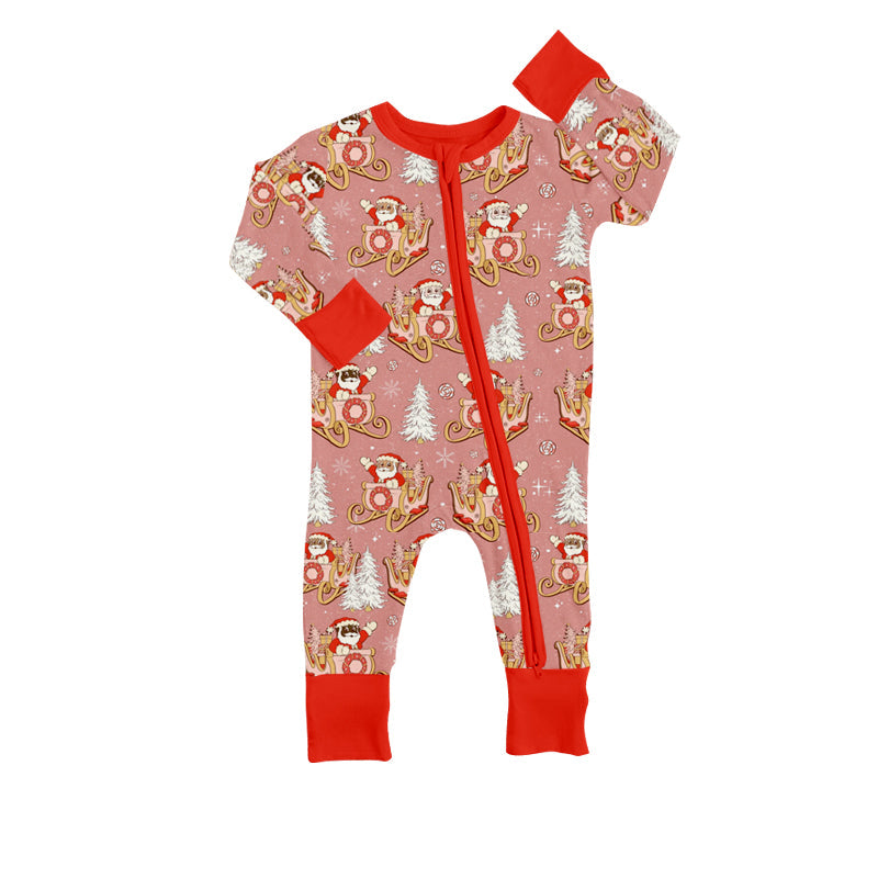 MOQ 5 PCS red santa Christmas baby girls zipper romper