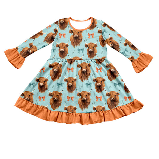 MOQ 5 highland cow bow ruffle western girls dresses