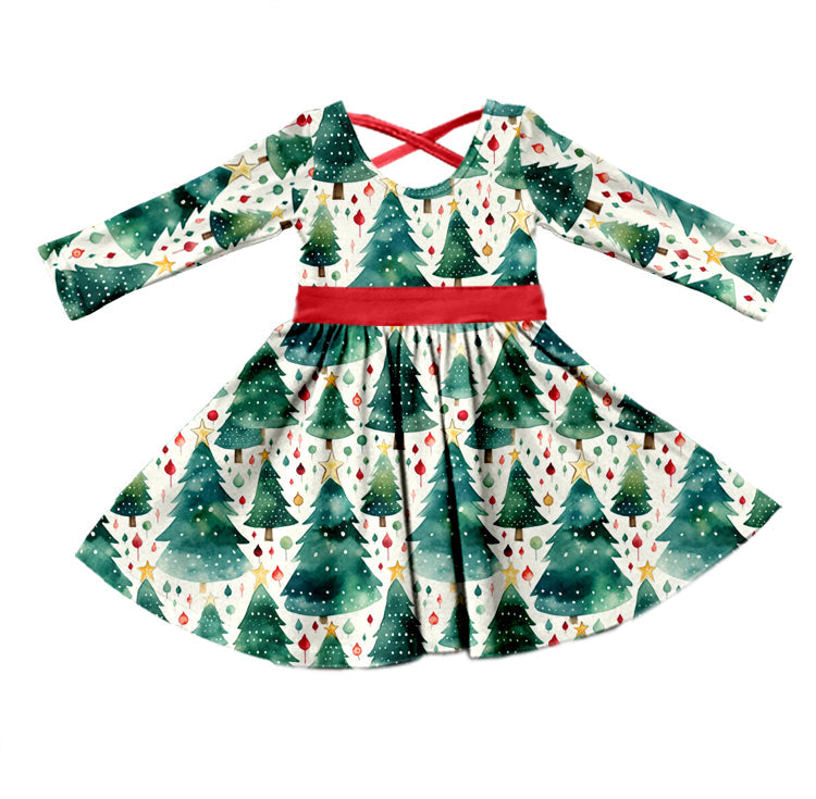 MOQ 5 Christmas tree long sleeves baby girls twirl dress