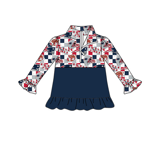 MOQ 5 navy ruffle girls team zipper pullover