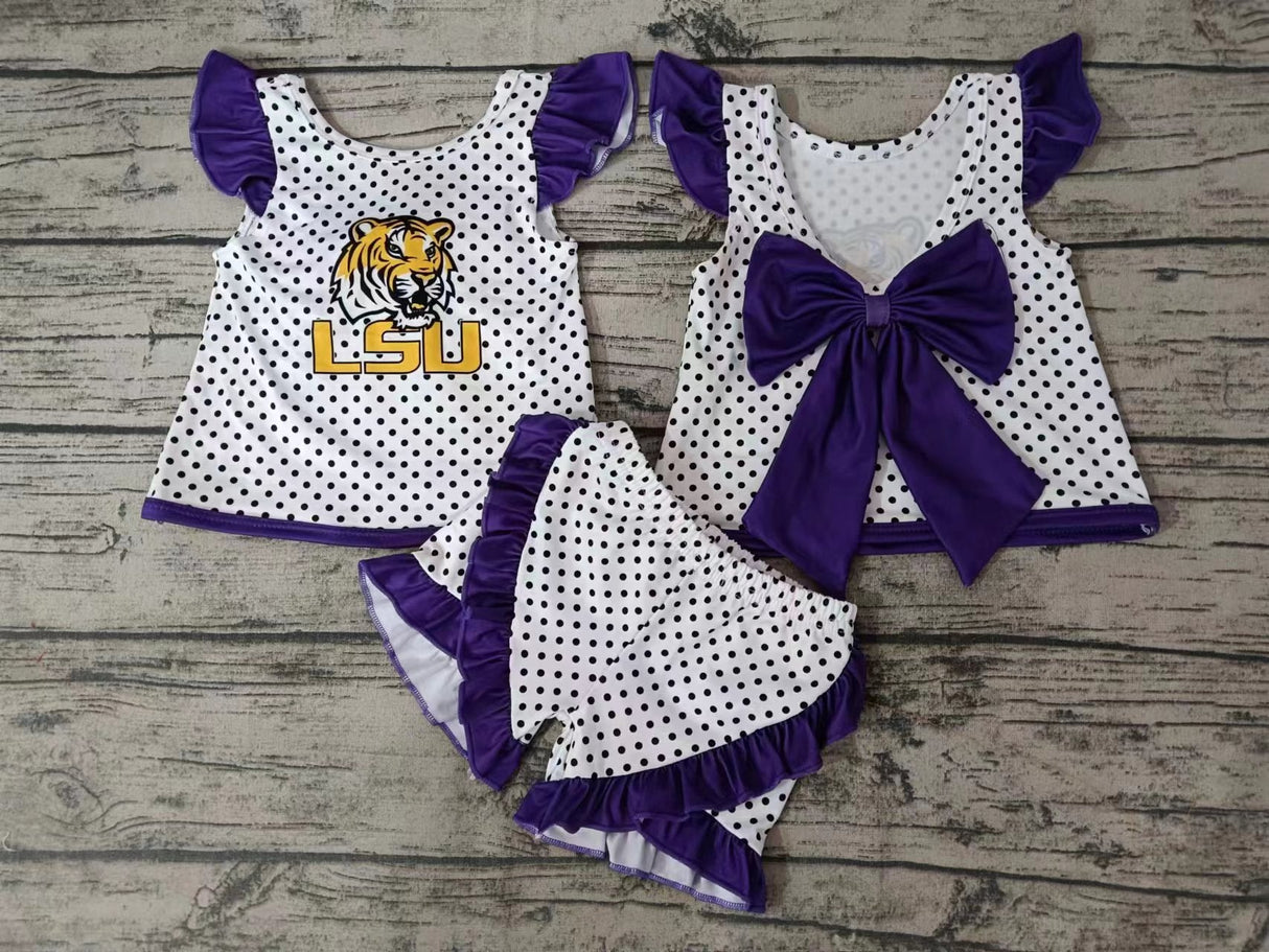MOQ 3 pcs tiger polka dots purple bow backless girls team outfits