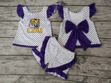 MOQ 3 pcs tiger polka dots purple bow backless girls team outfits