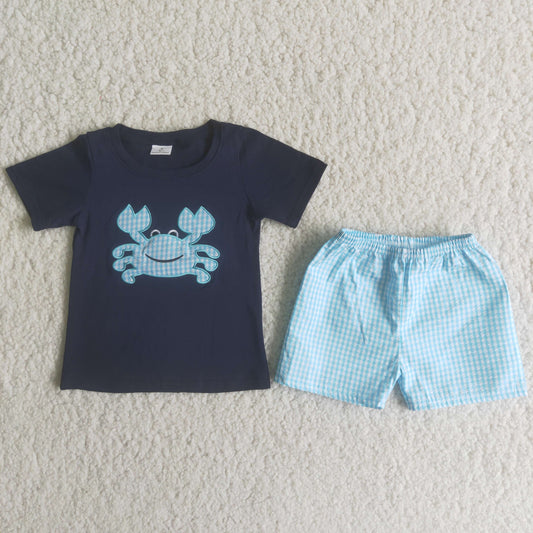 Boy Crab Embroidery Plaid Outfit