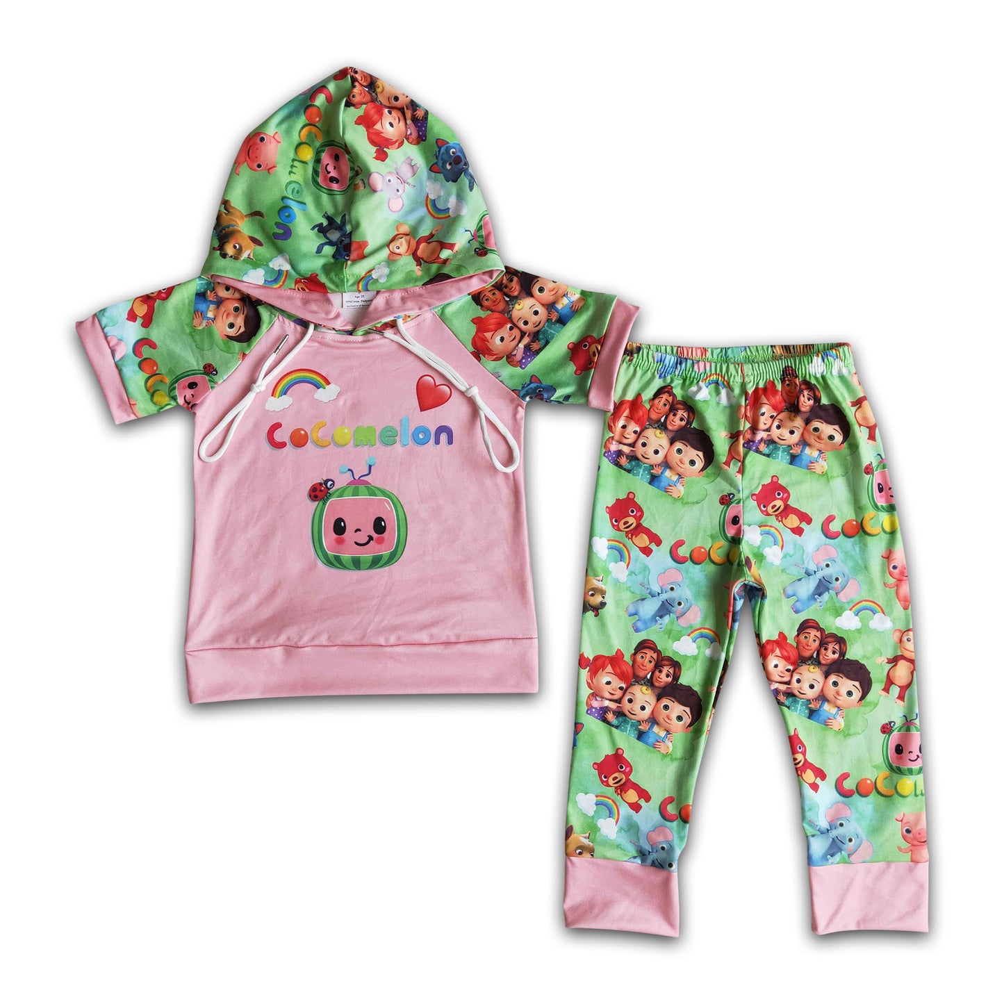 Short sleeve melon cute print kids hoodie set