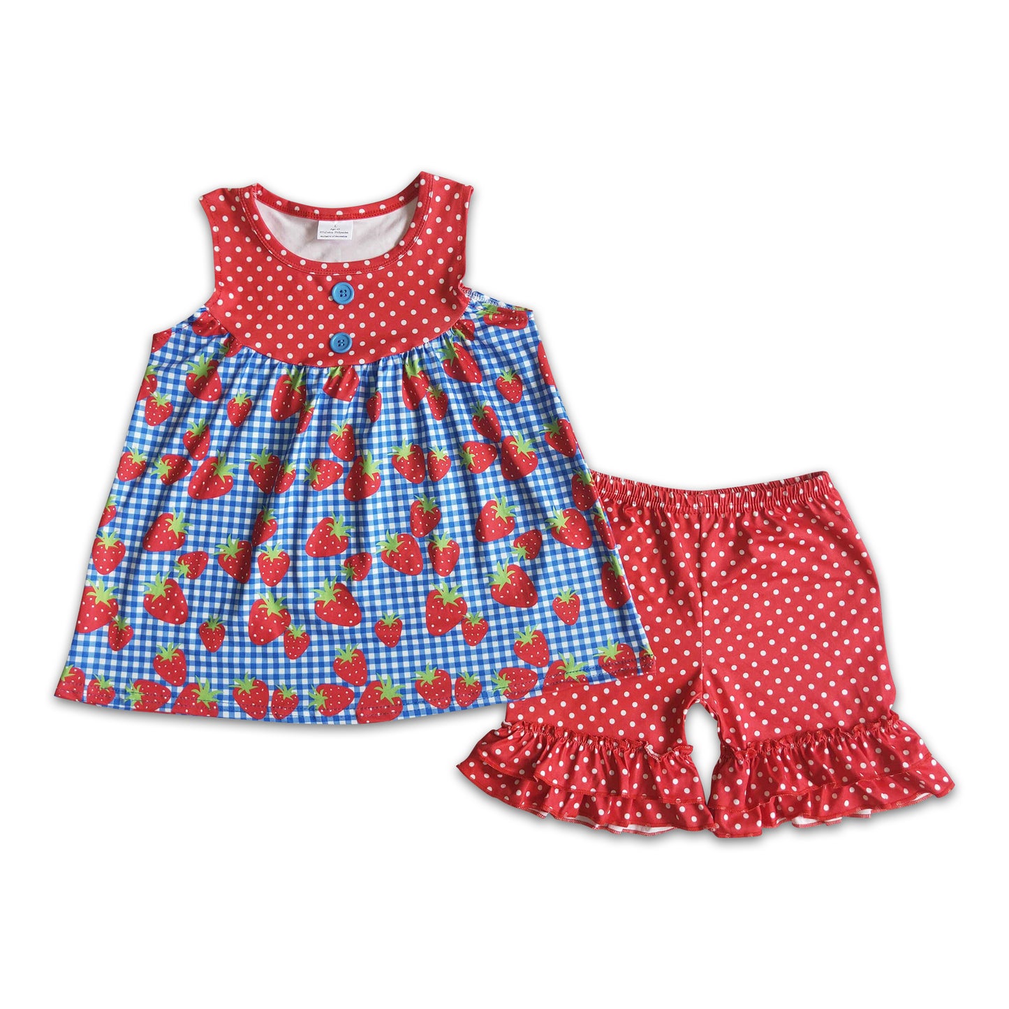 Strawberry sleeveless shirt polka dots shorts girls summer clothing