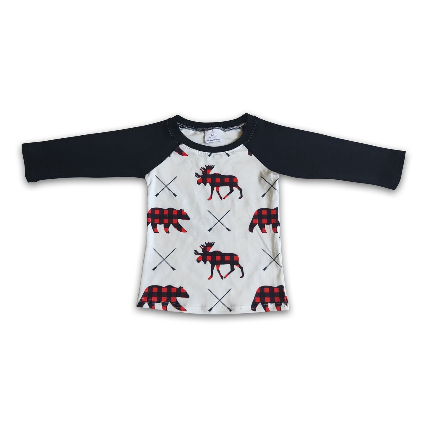 Plaid bear reindeer black long sleeves boy Christmas shirt