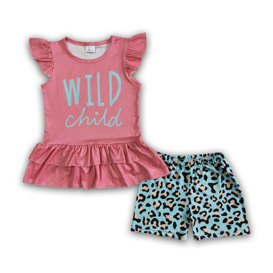 Wild child ruffle shirt leopard shorts girls clothes