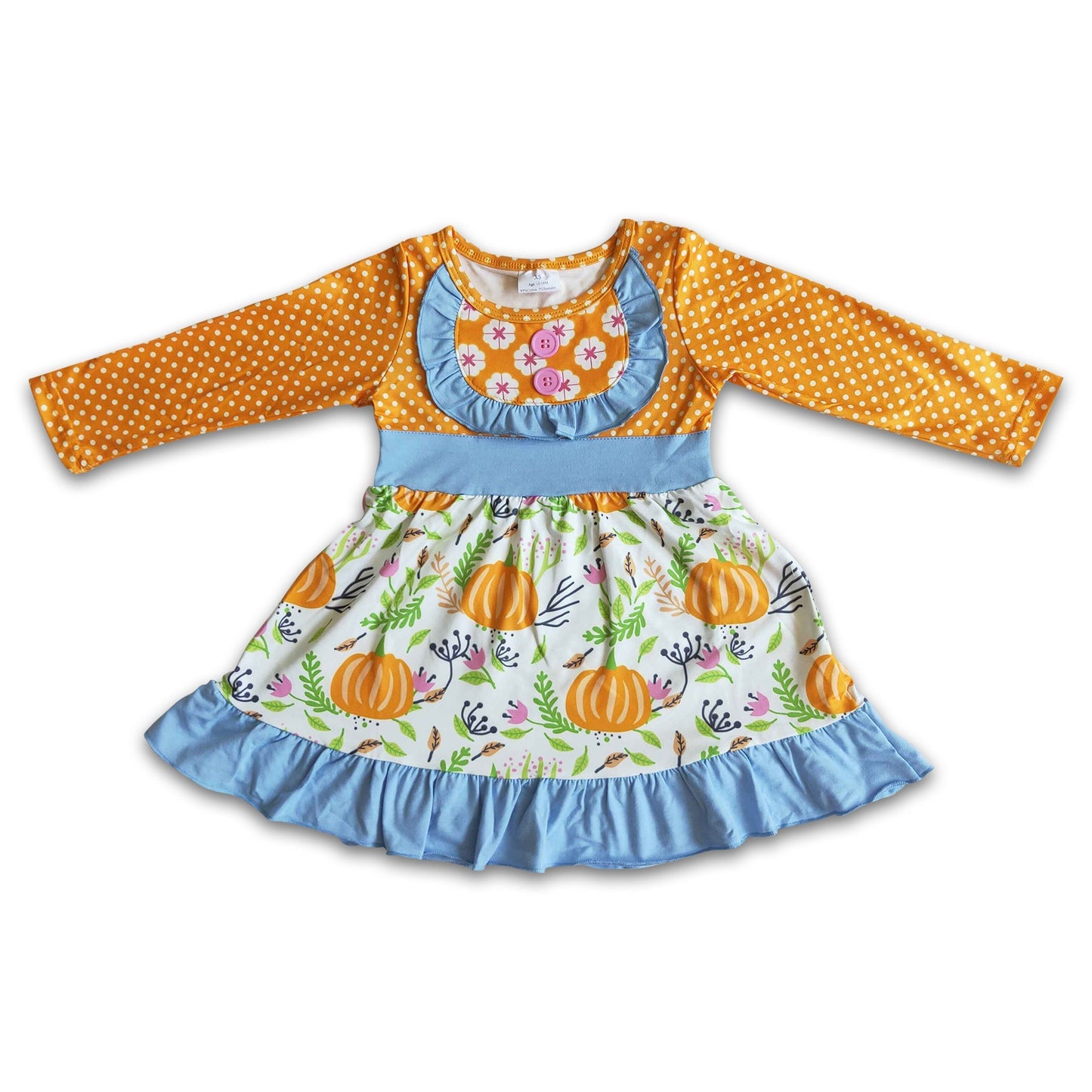 Girl Pumpkin Dot Long Sleeve Dress