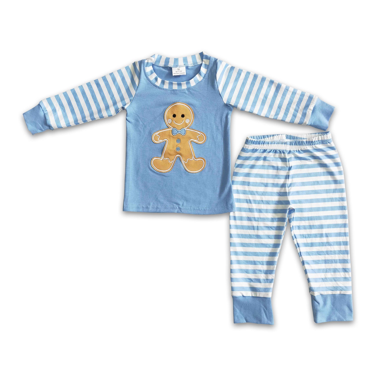 Gingerbread embroidery cotton blue top stirpe boy Christmas pjs