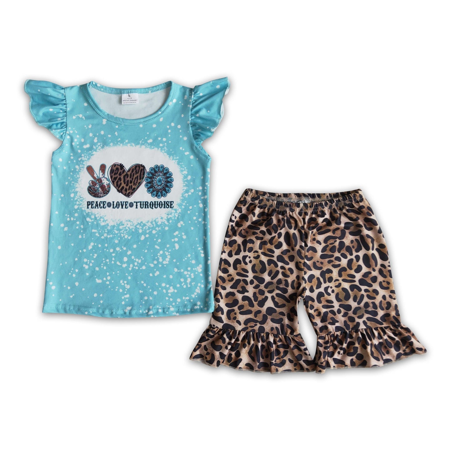 Peace love turquoise flutter sleeve leopard shorts girls summer outfits