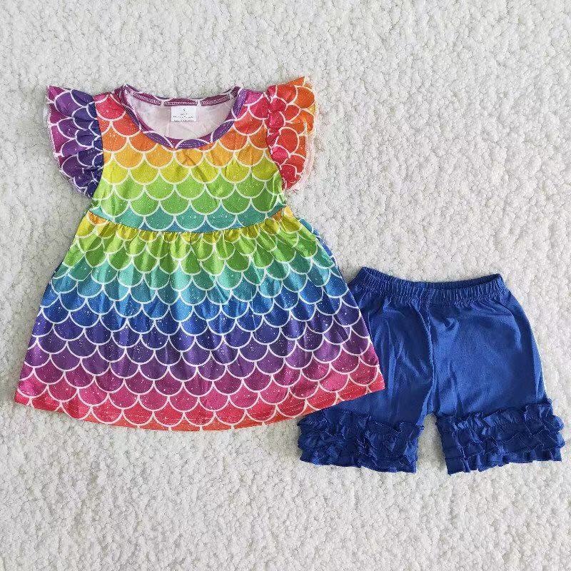 Rainbow mermaid scale tunic ruffle shorts children clothing girls