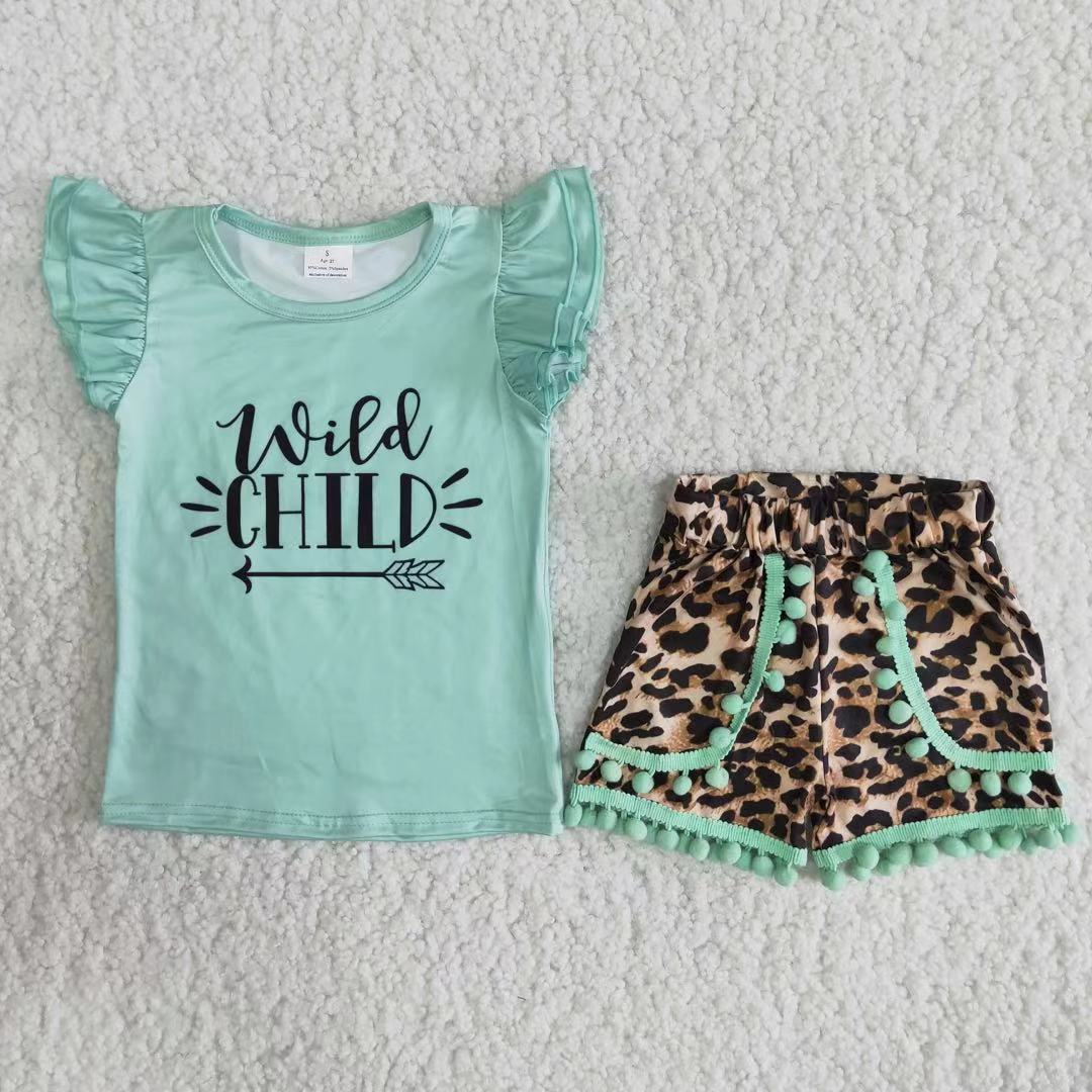 Wild child shirt leopard pom pom shorts kids clothing girls