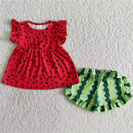 Watermelon flutter sleeve tunic shorts girls clothing sets