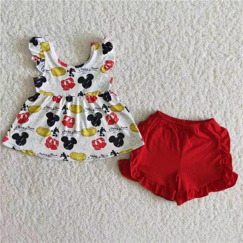 Flutter sleeve mouse tunic red shorts girls clothing set