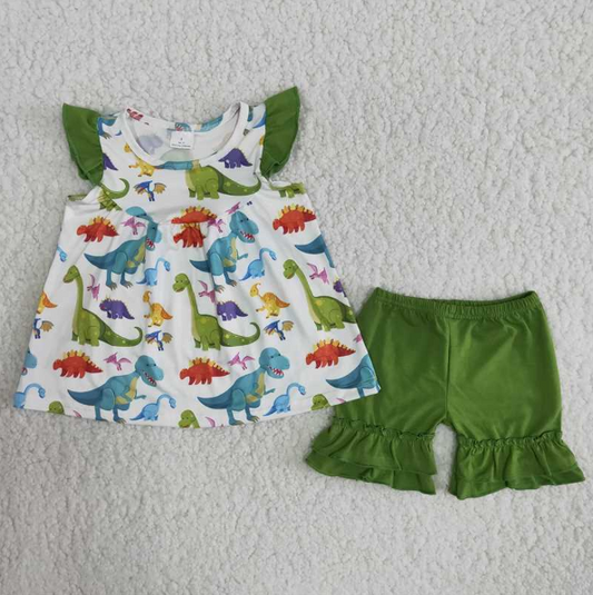 Dinosaur flutter sleeve shirt ruffle shorts girls outfits