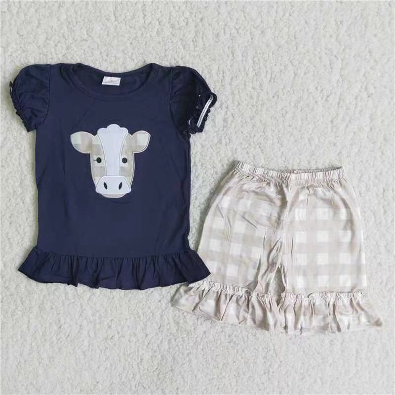 Navy cotton cow embroidery shirt plaid shorts girls clothing