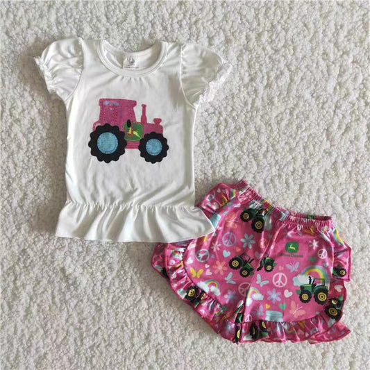 Tractor screen print shirt shorts girls summer clothing