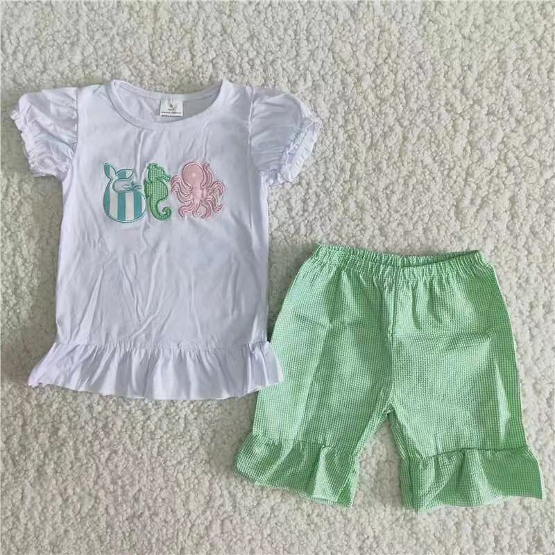 White shirt embroidery seersucker shorts girls outfits